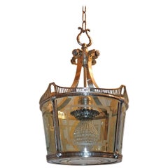 Wonderful Antique Caldwell Art Deco Silver Bronze Lantern Etched Glass Fixture