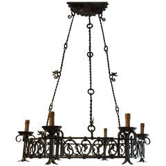 Antique Large Industrial Arts & Crafts Hand Forged Round Chandelier, Early 1900
