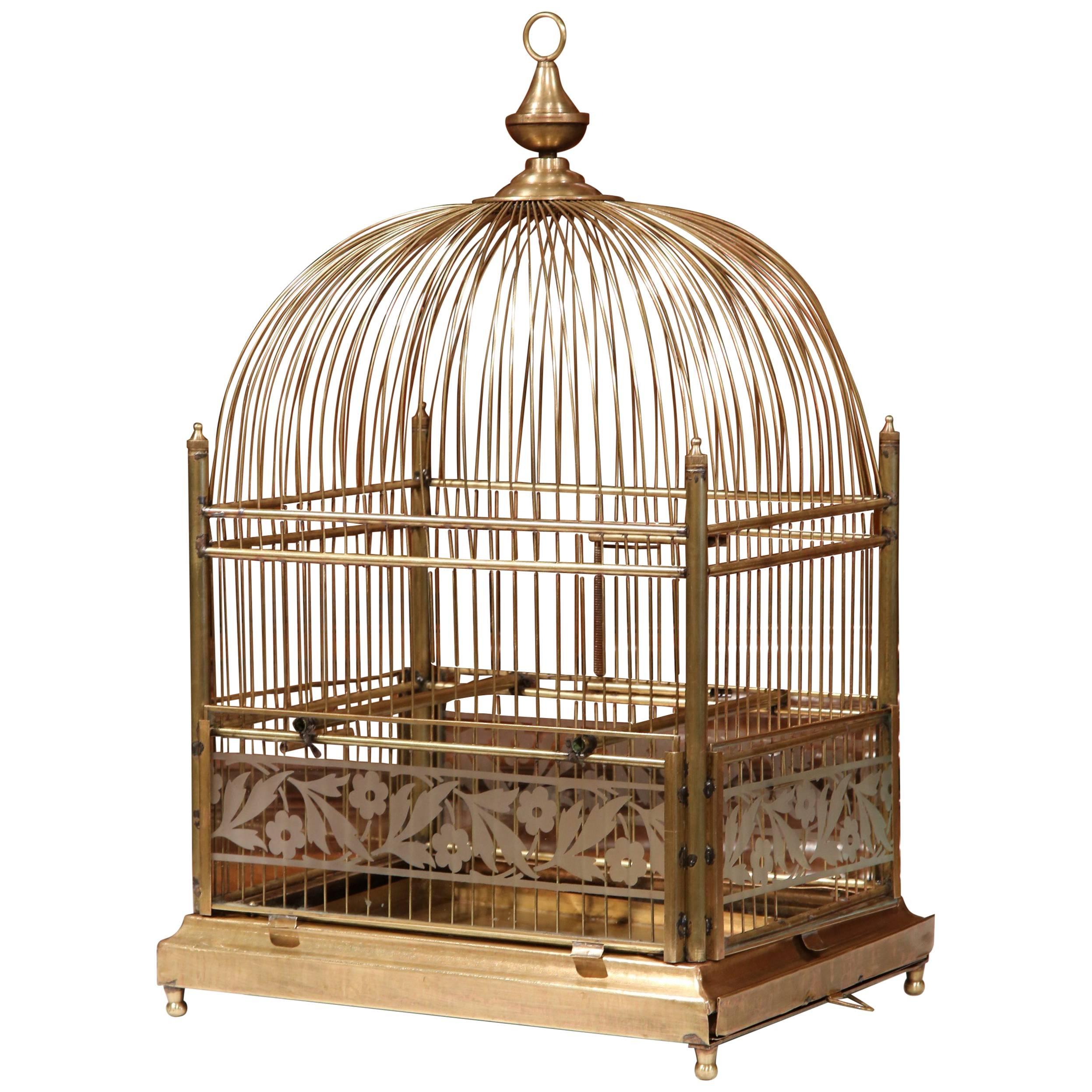 19th Century French Napoleon III Brass Birdcage with Painted Glass Sides