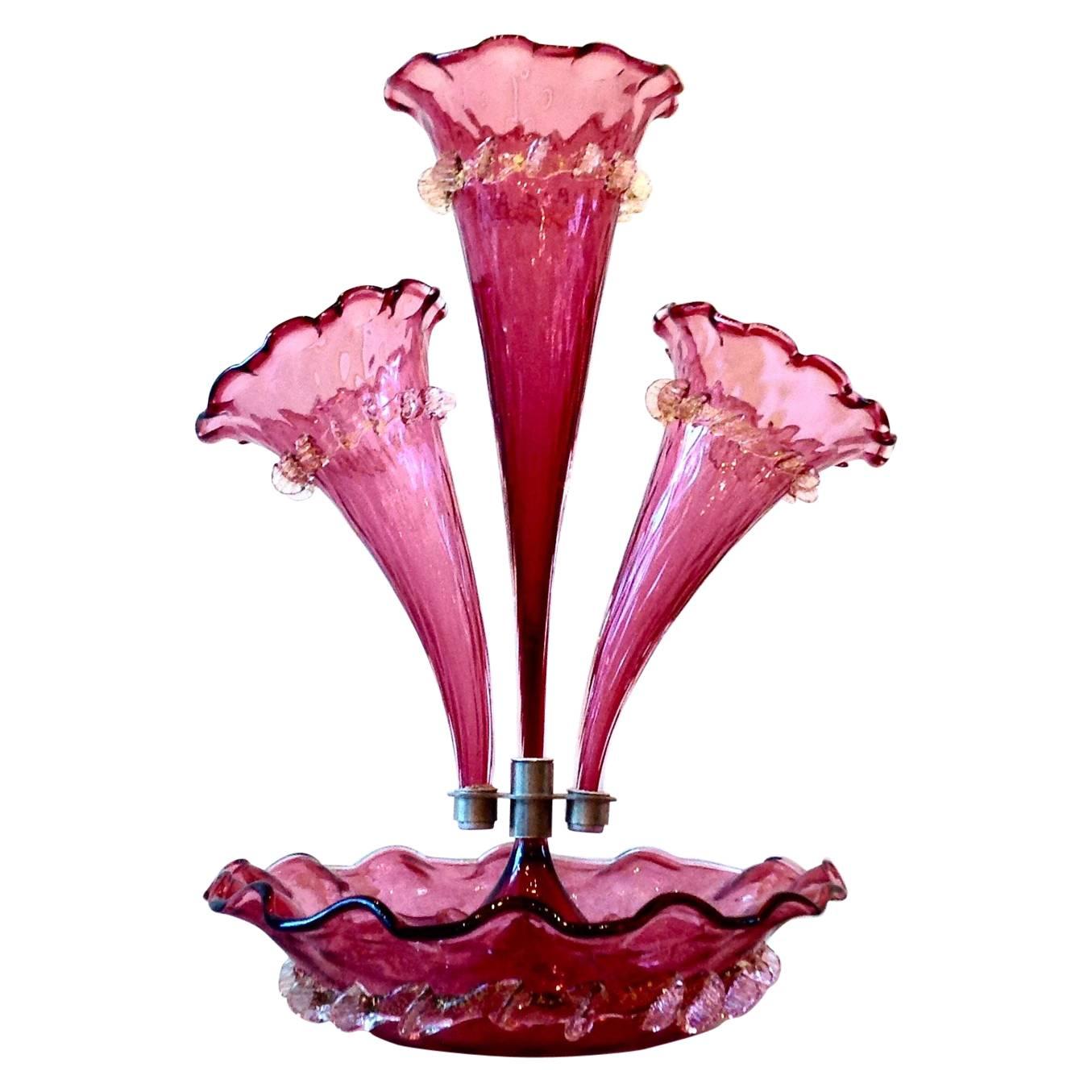 Antique Cranberry Italian Murano Glass Epergne For Sale