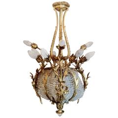Antique French Victorian Gilt Bronze and Crystal Beaded Basket Chandelier