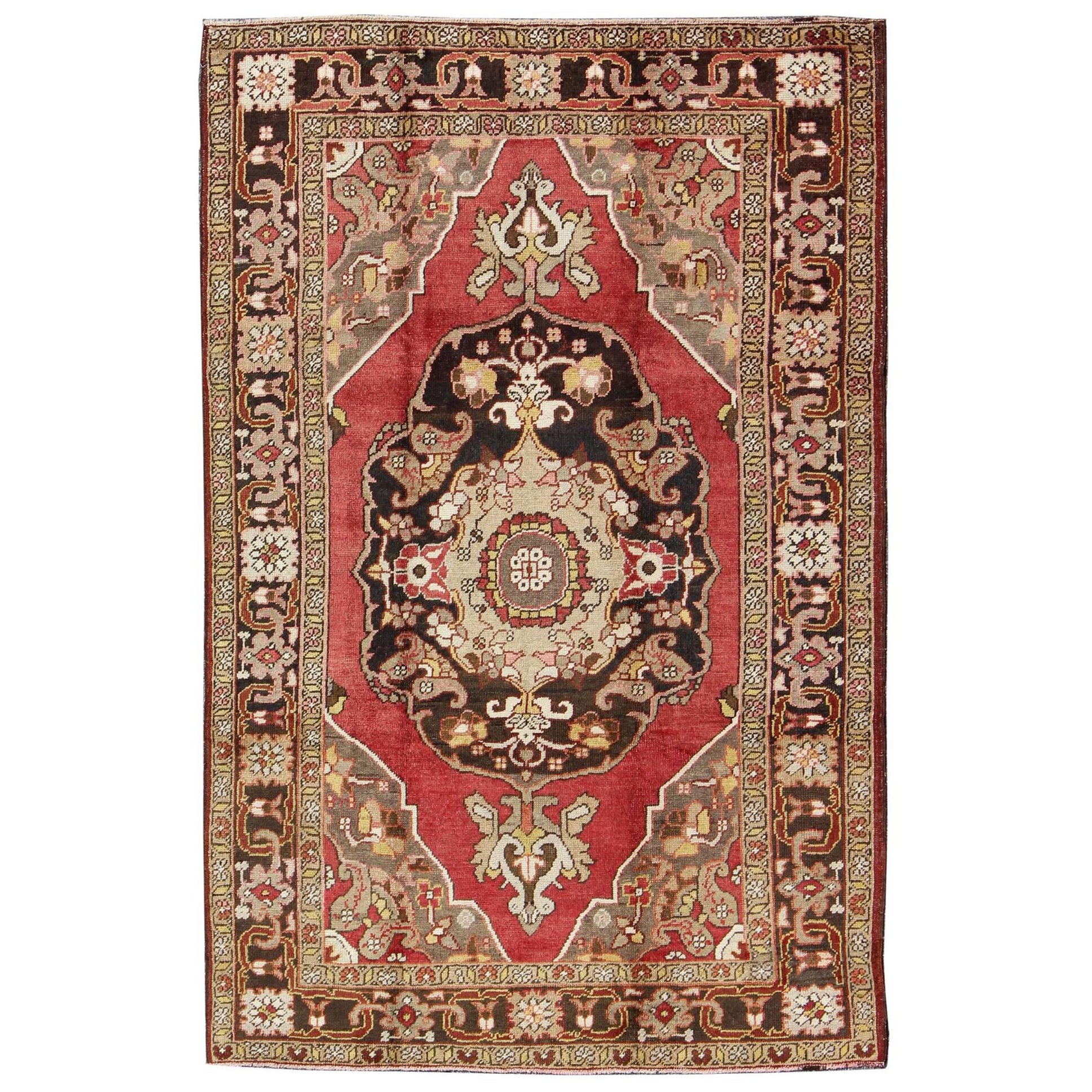 Turkish Antique Oushak with Scroll-Flower Pattern in Brown, Red, Light Green For Sale
