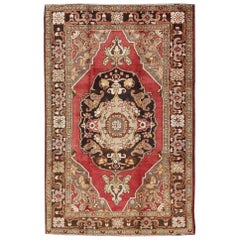 Turkish Vintage Oushak with Scroll-Flower Pattern in Brown, Red, Light Green
