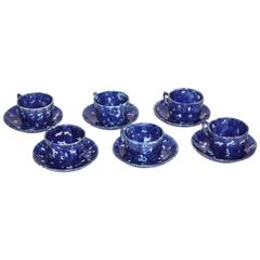 Set of Six Rare American Spongeware Pottery Cups and Saucers 12