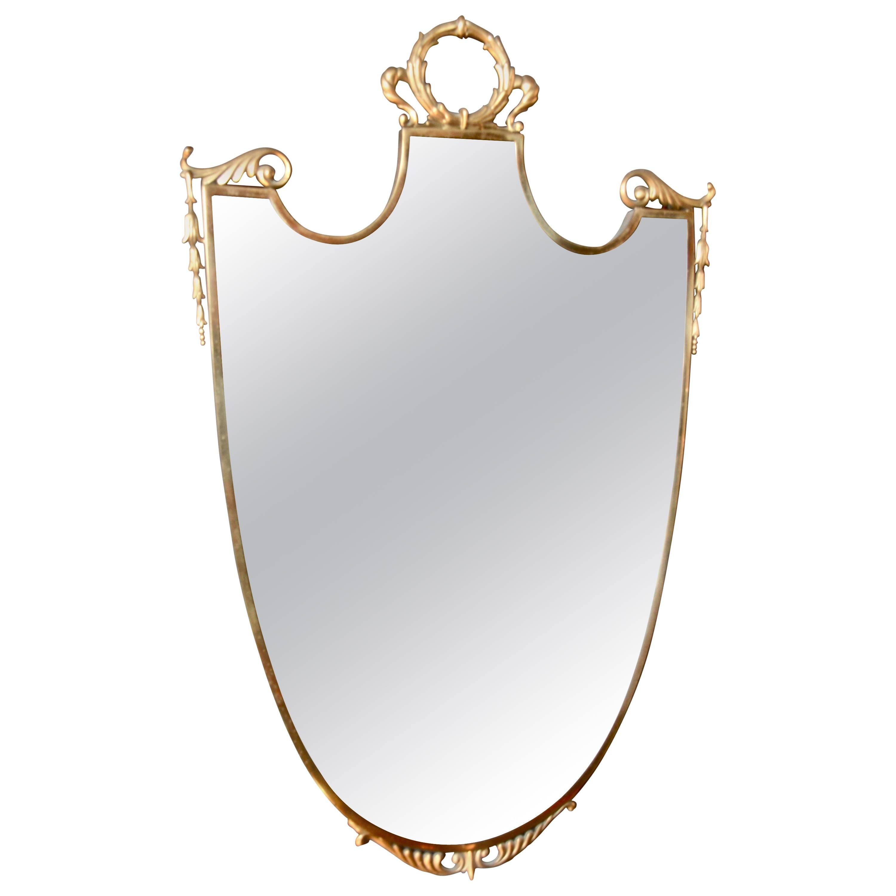 Italian Brass Shield Shaped Framed Mirror