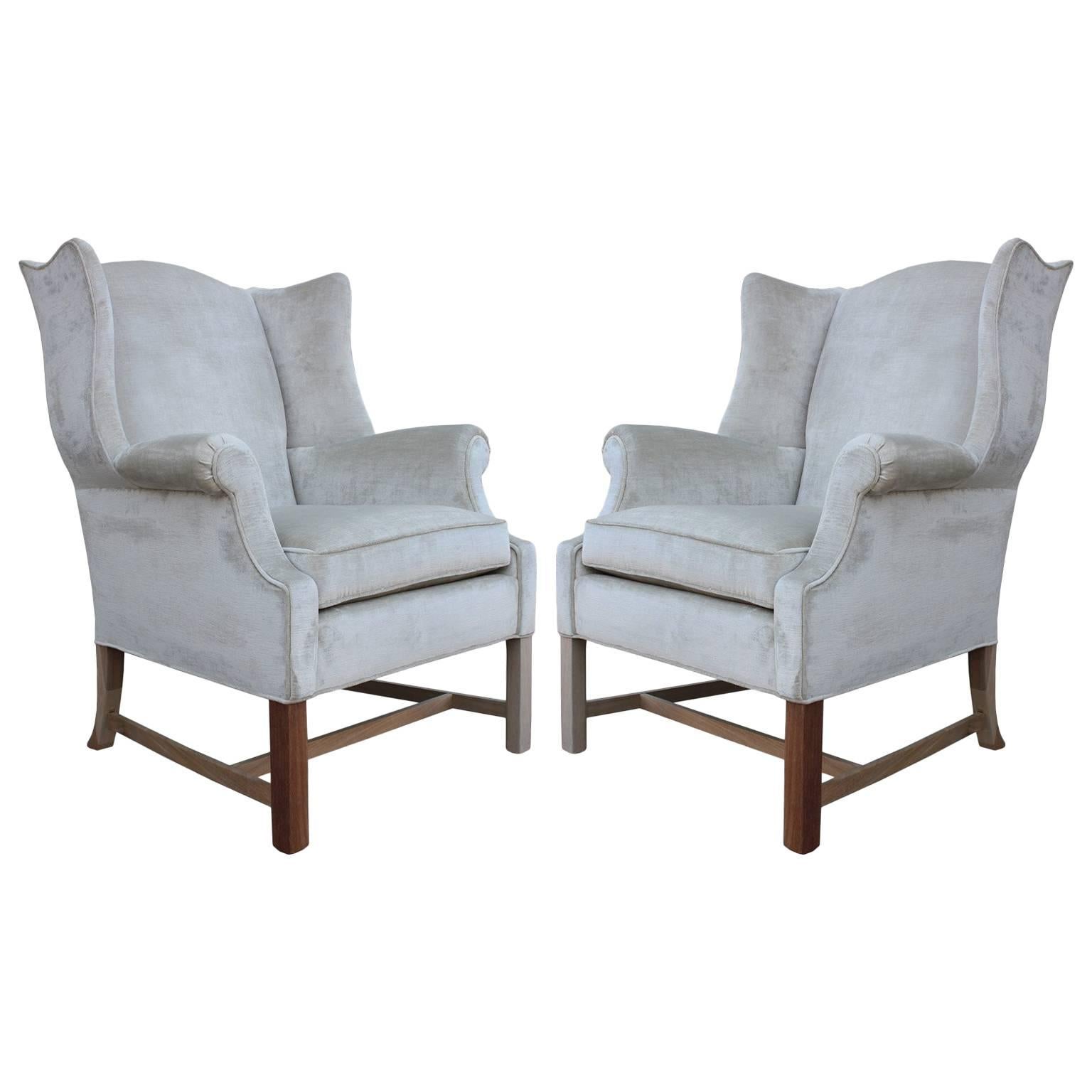 Pair of Modern Sculptural Wingback Lounge Chairs in Grey Silver Velvet
