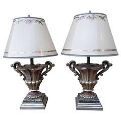 Italian Painted and Silvered Urn Lamps with Parchment Shades