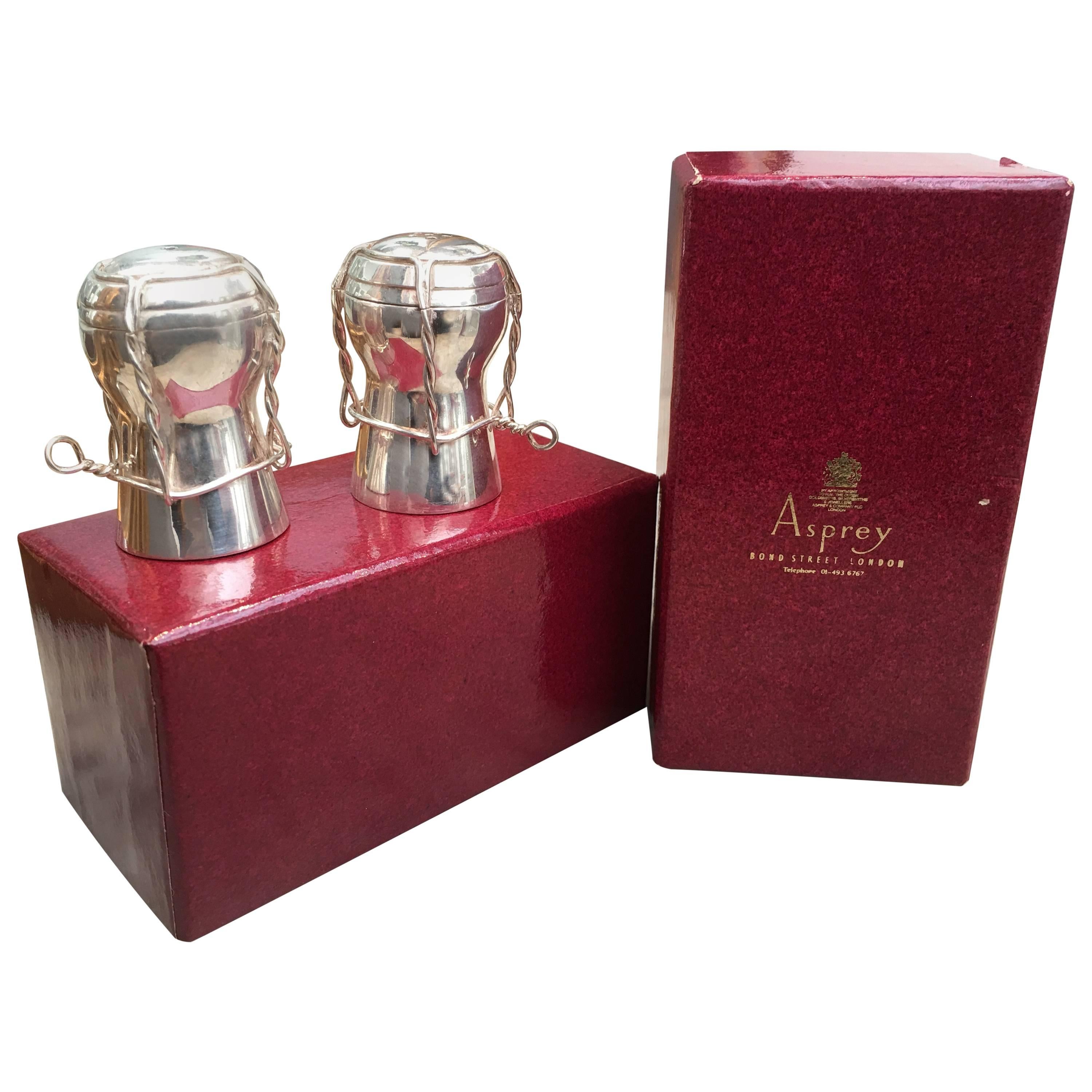Asprey of London Solid Silver Champagne Cork Salt and Pepper Pots, Original Box For Sale