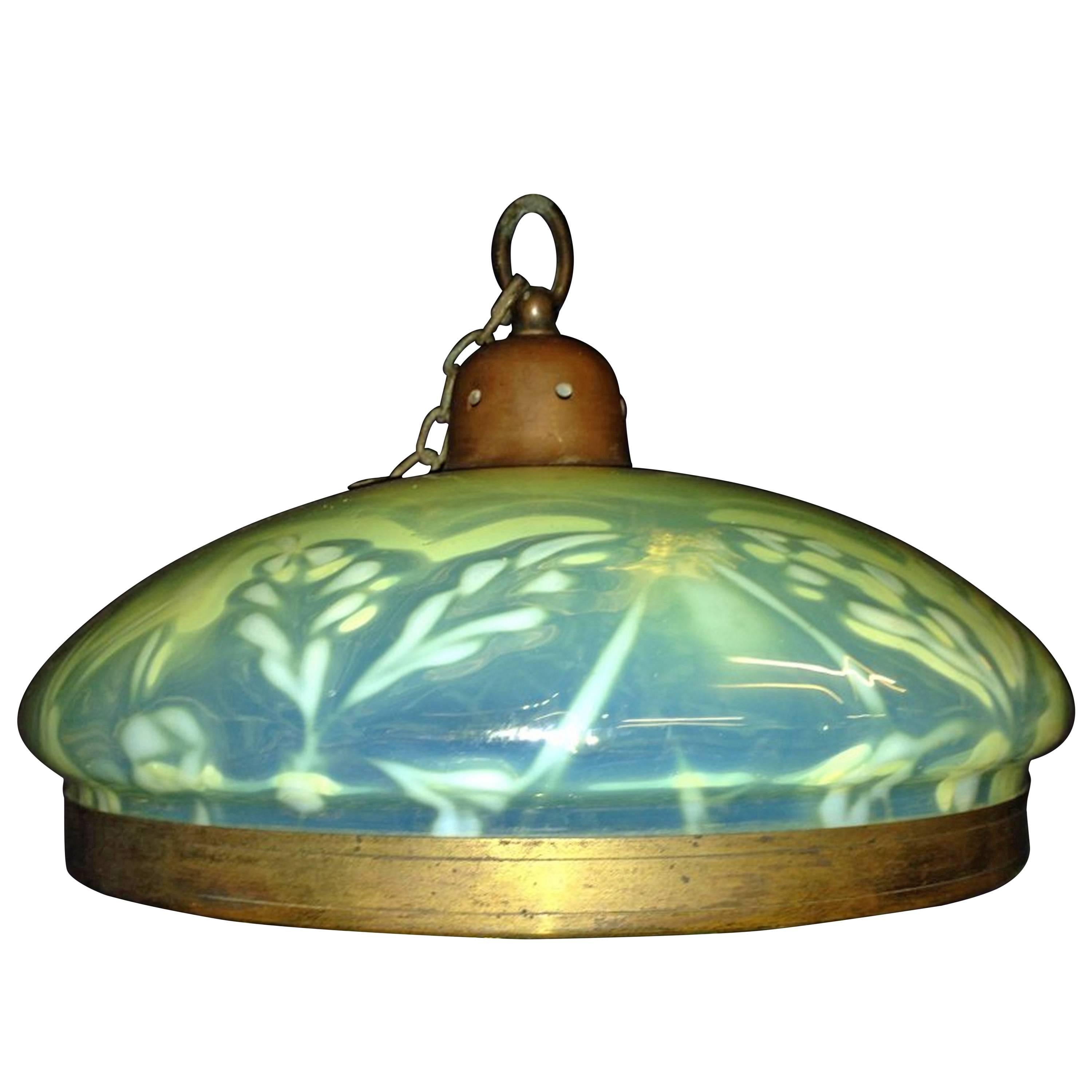 Large English Arts & Crafts Vaseline Ceiling Light with Brass Rim & Brass Hanger For Sale