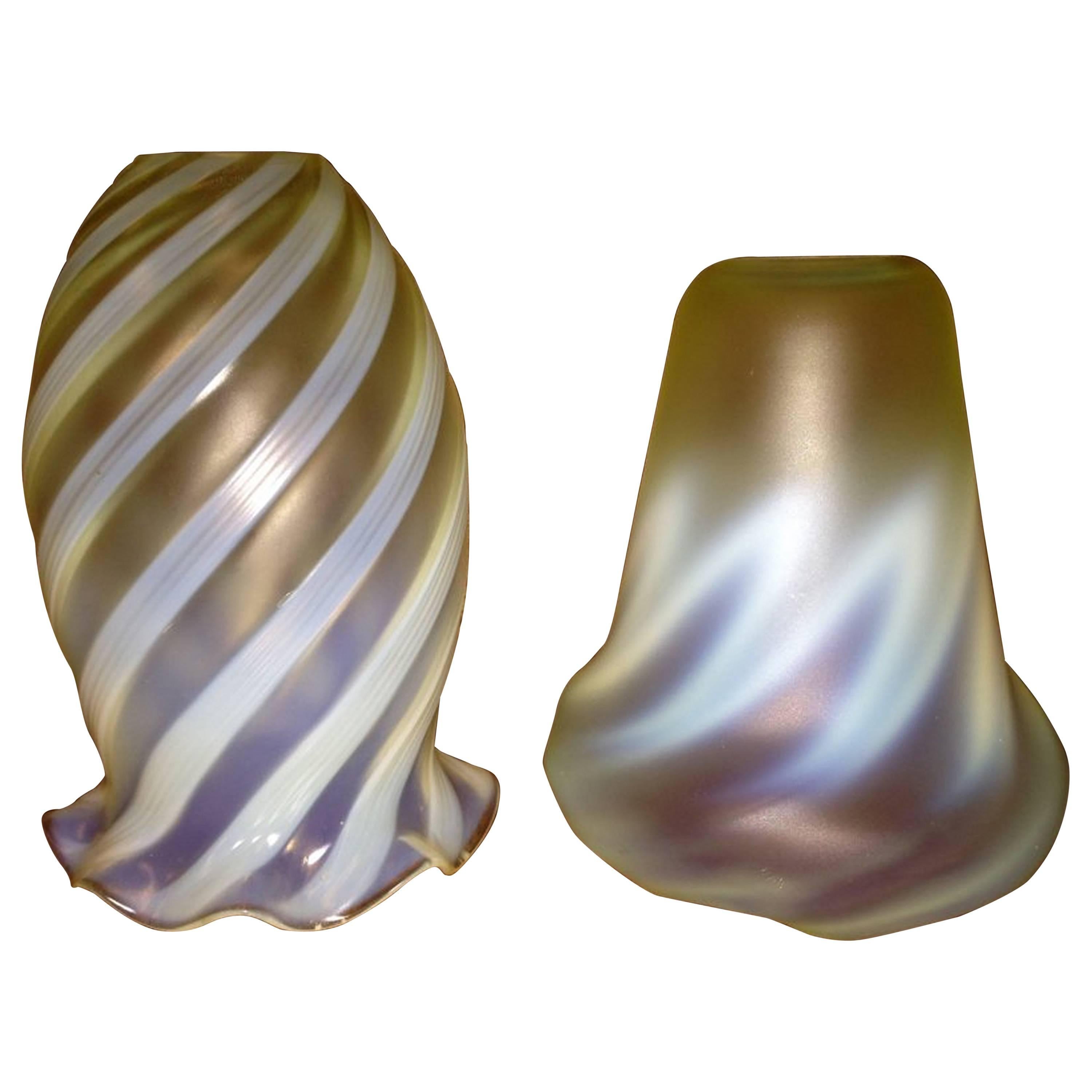 One Arts & Crafts Vaseline/Uranium Glass Shades, One Swirl, One Zigzag Patterned For Sale