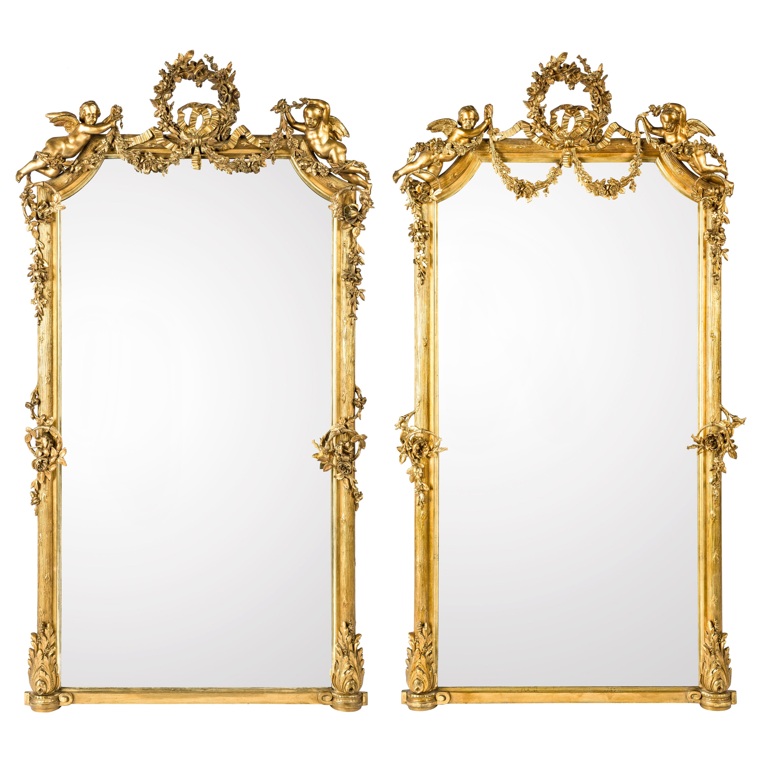 Monumental Pair of Large-Scale Antique French Gilt Golden Mirrors