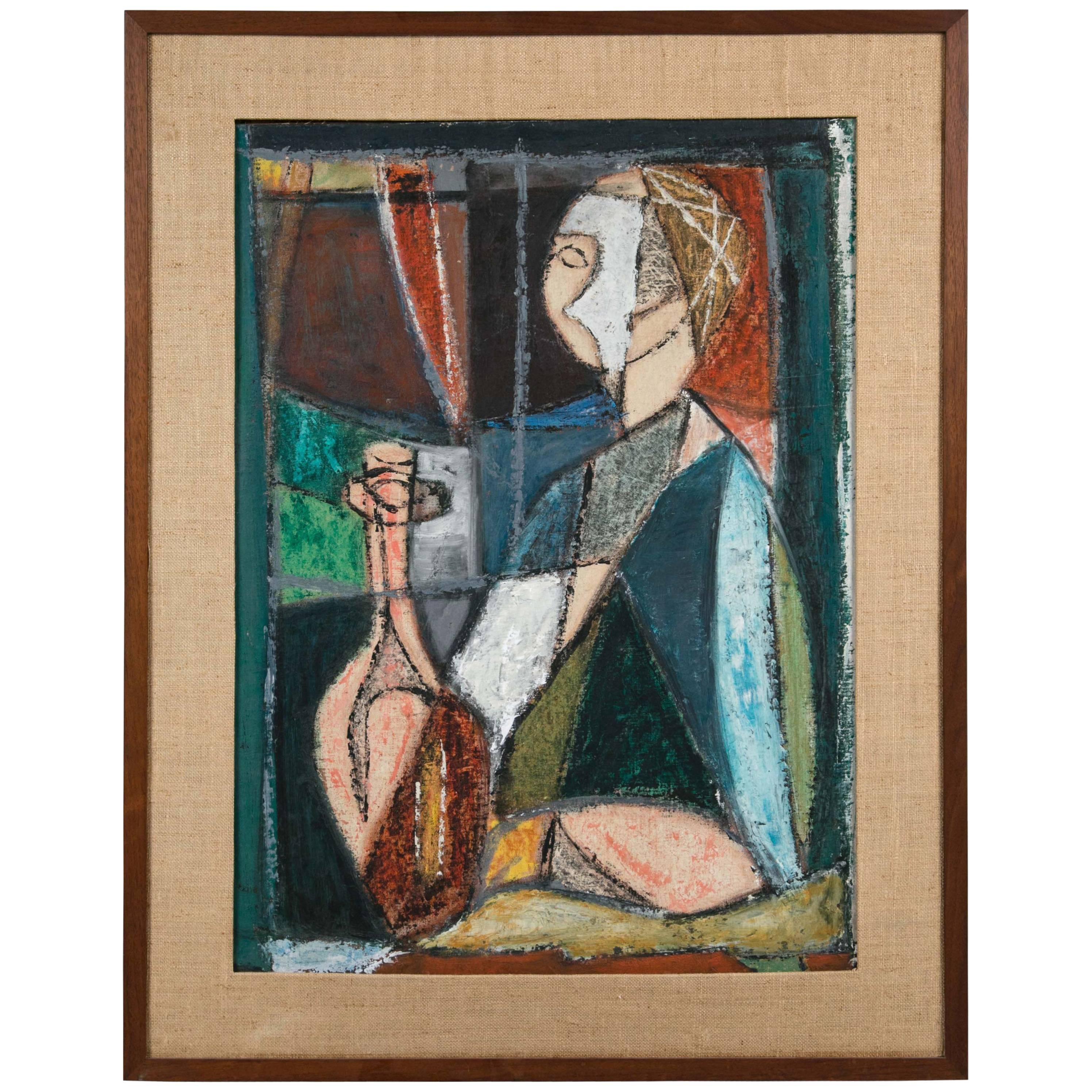 Rare Mid-Century Modern Painting of Cubist Woman For Sale