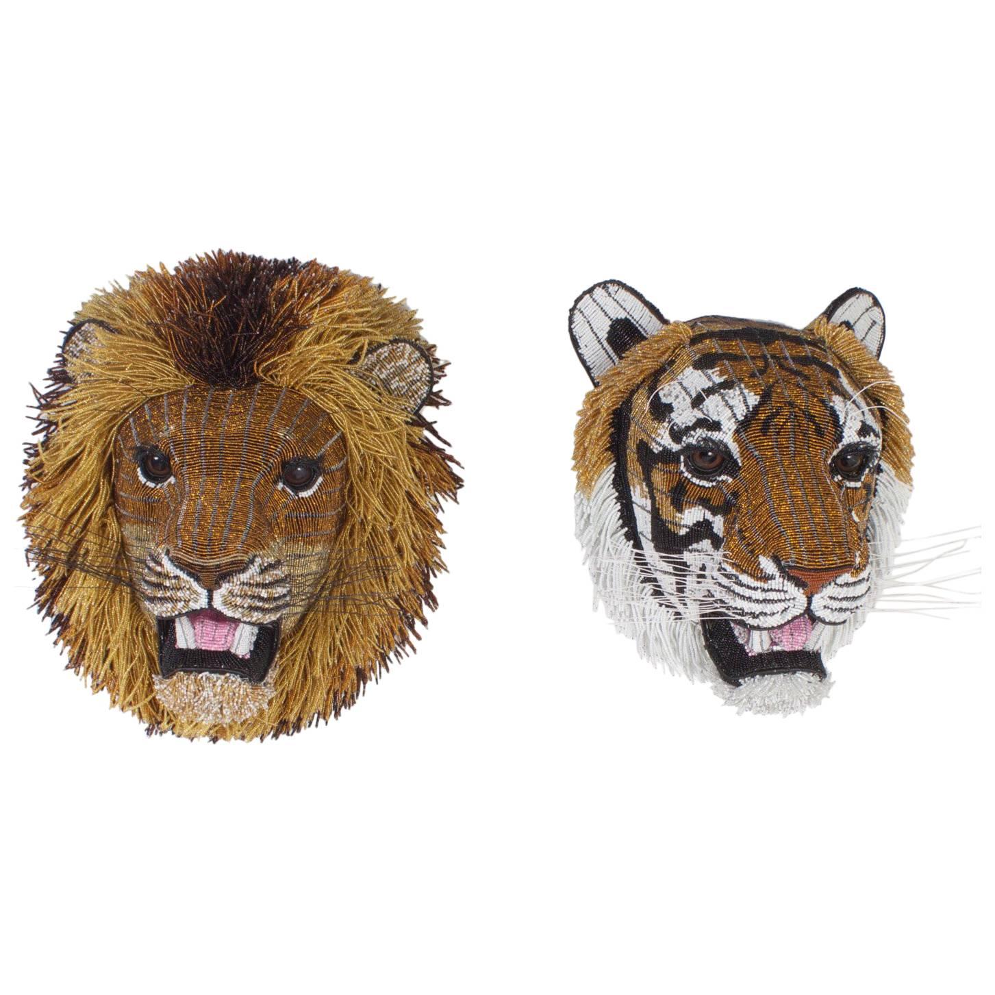 South African Beaded Glass Tiger and Lion Heads