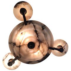 Timeless Art Deco Alabaster and Brass Five-Light Pendant, Great Shape and Color