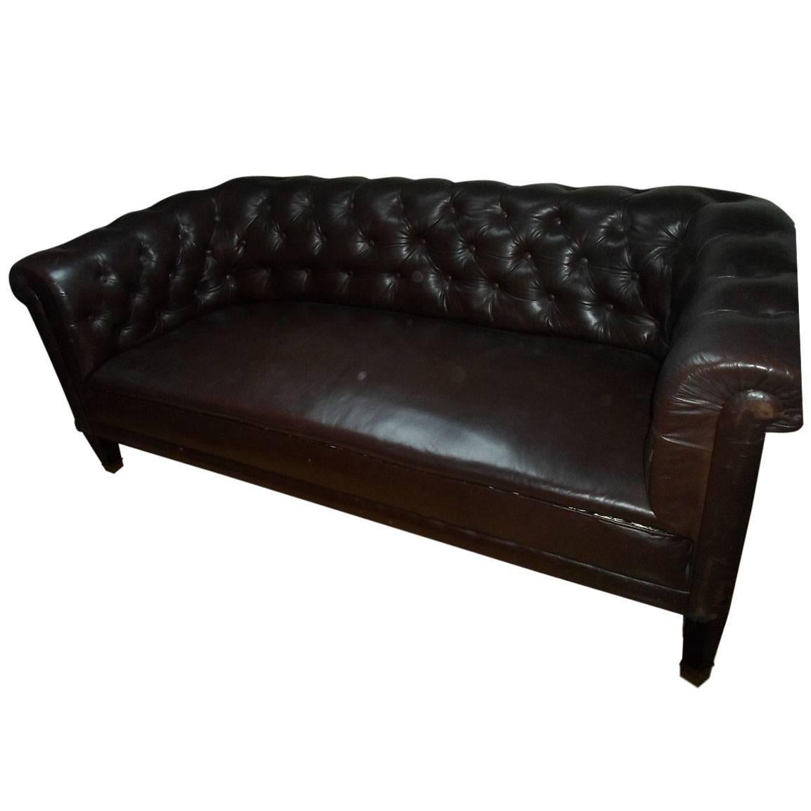 Antique Swedish Leather Chesterfield Sofa and Two Chairs For Sale