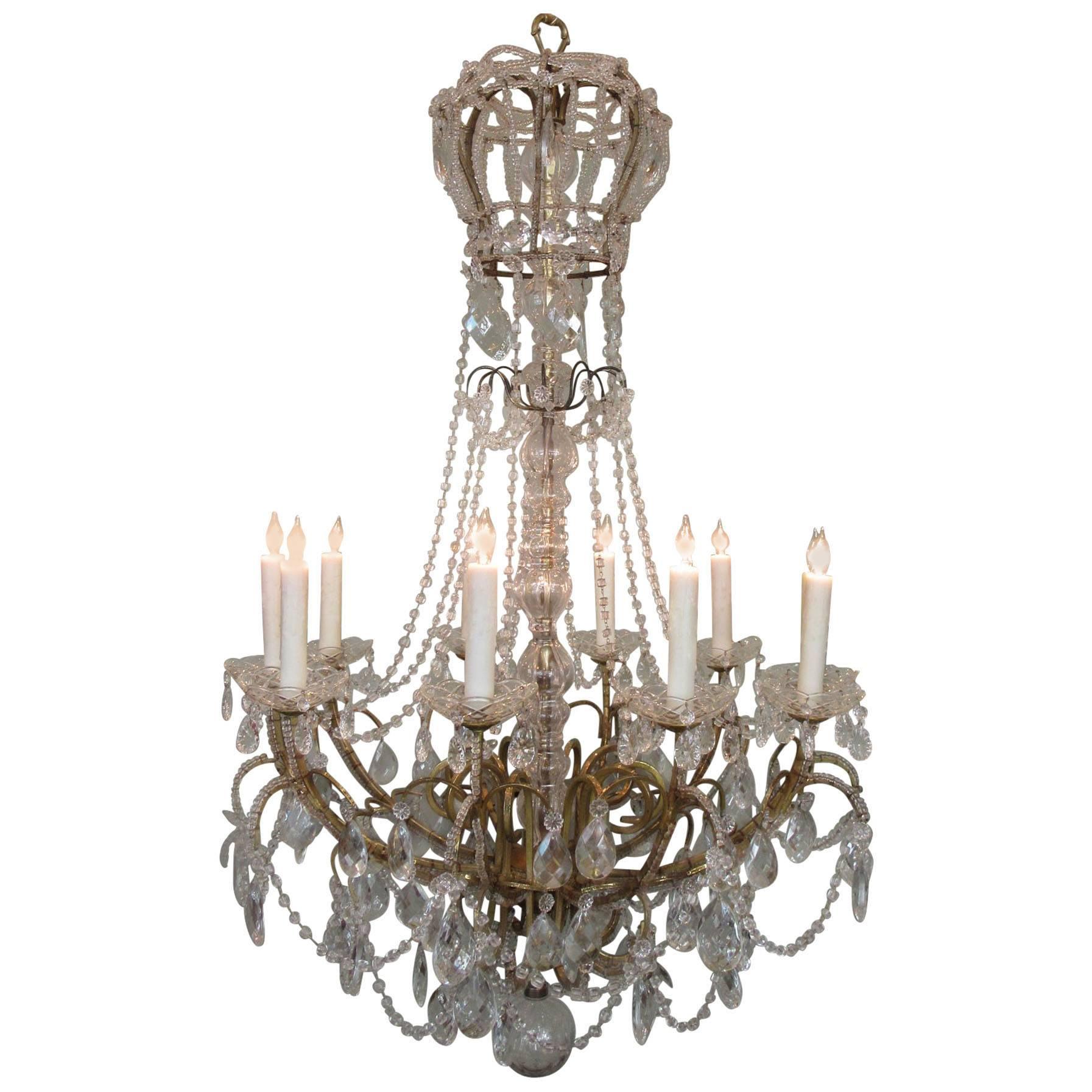 Early 20th Century Italian Crystal and Brass Coronation Chandelier For Sale