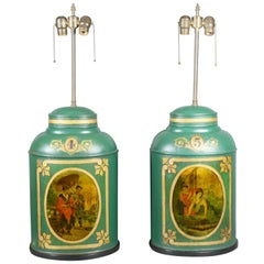 Antique Pair of Victorian Tole Tea Canister Table Lamps