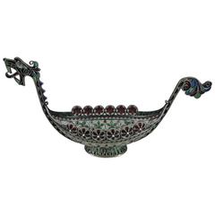 Antique Plique a Jour Viking Boat with Beautiful Rich Color by Marius Hammer