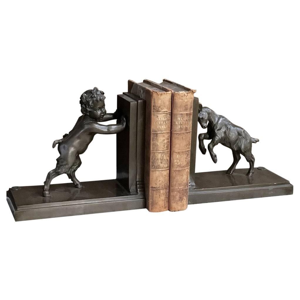 19th Century French Hand-Cast Bronze Pan and Goat Bookends by Garanti of Paris