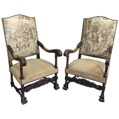 Pair 19th Century French Louis XIII Carved Walnut Needlepoint Tapestry Armchairs
