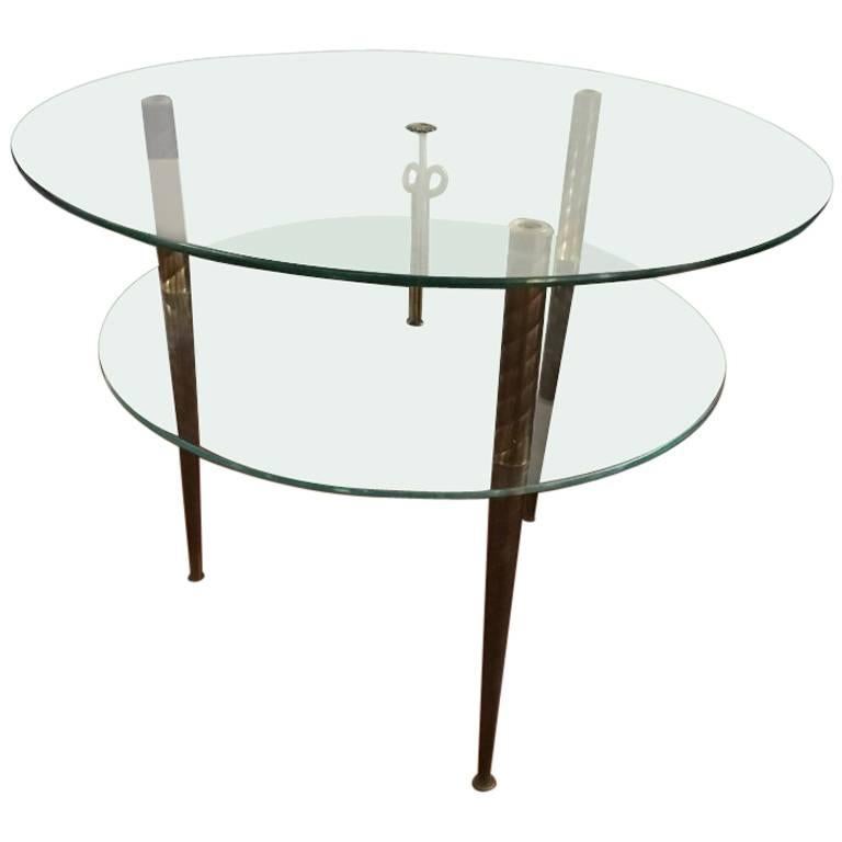 Table d'appoint moderne italienne à deux étages en verre et laiton