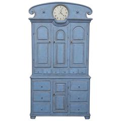 Antique Swedish Tall Blue Painted Clock Cabinet Early 19th Century