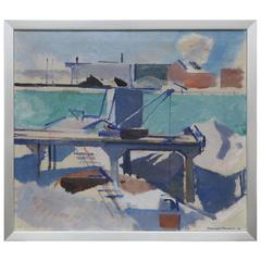Impressionist Harbor Scene Painting Signed Harold Hansen, 1936