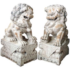 Pair of Carved Wood Painted Foo Dogs
