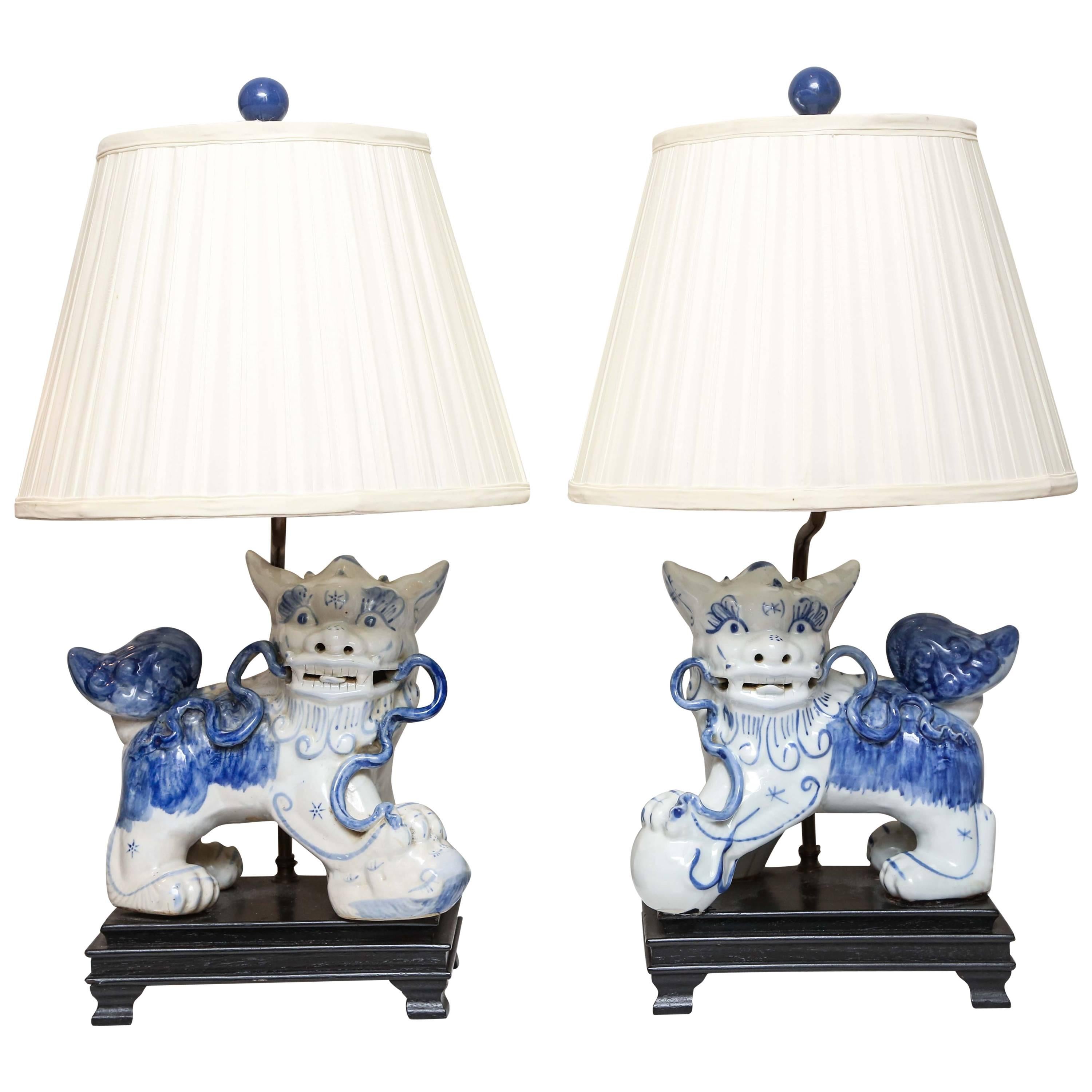 Pair of Blue and White Foo Dog Lamps Attributed to Billy Haynes
