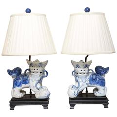 Vintage Pair of Blue and White Foo Dog Lamps Attributed to Billy Haynes