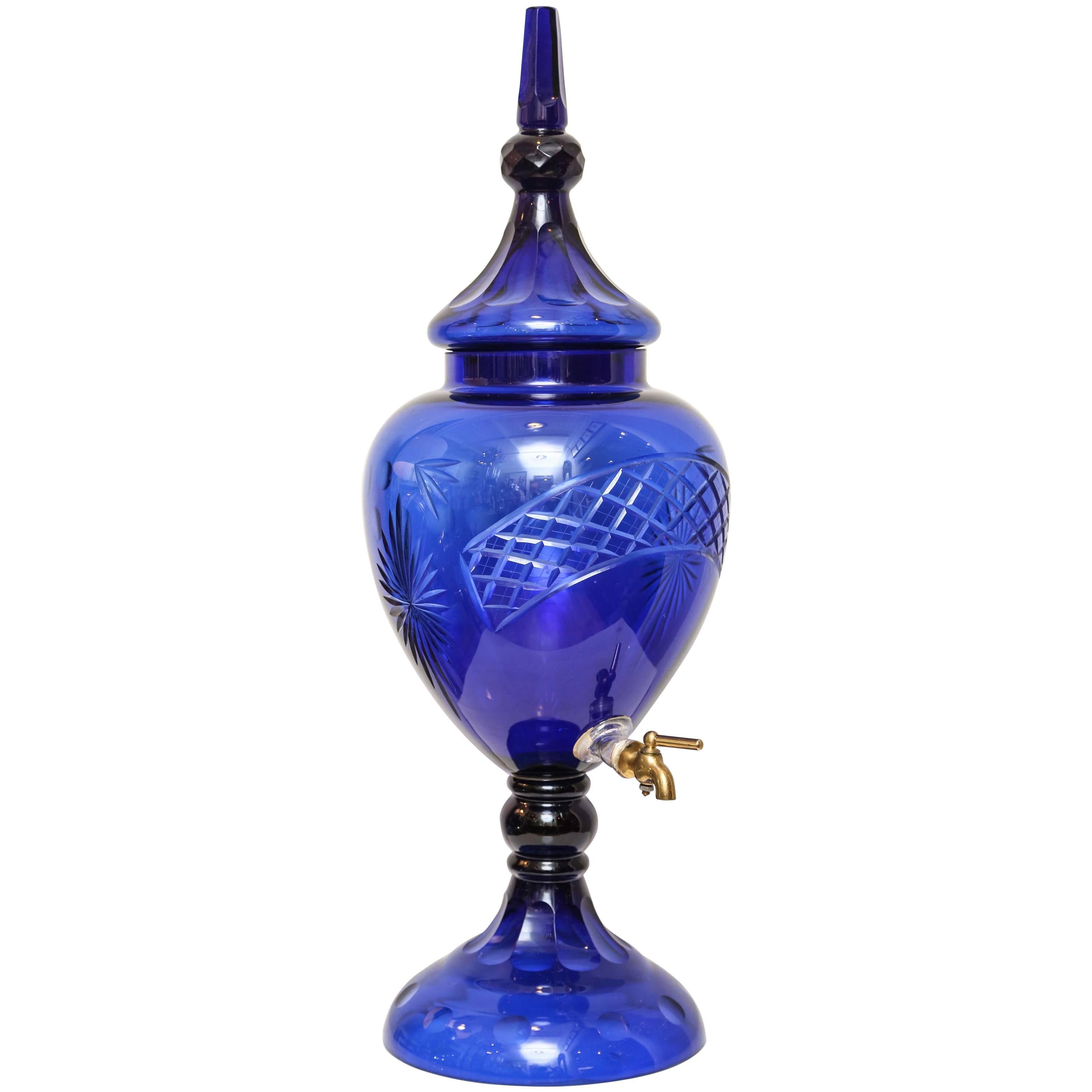 Cobalt Blue Cut Crystal Ice Tea Dispenser