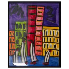 Peter Keil, Night Cityscape on the Water, Acrylic on Board, Signed and Framed