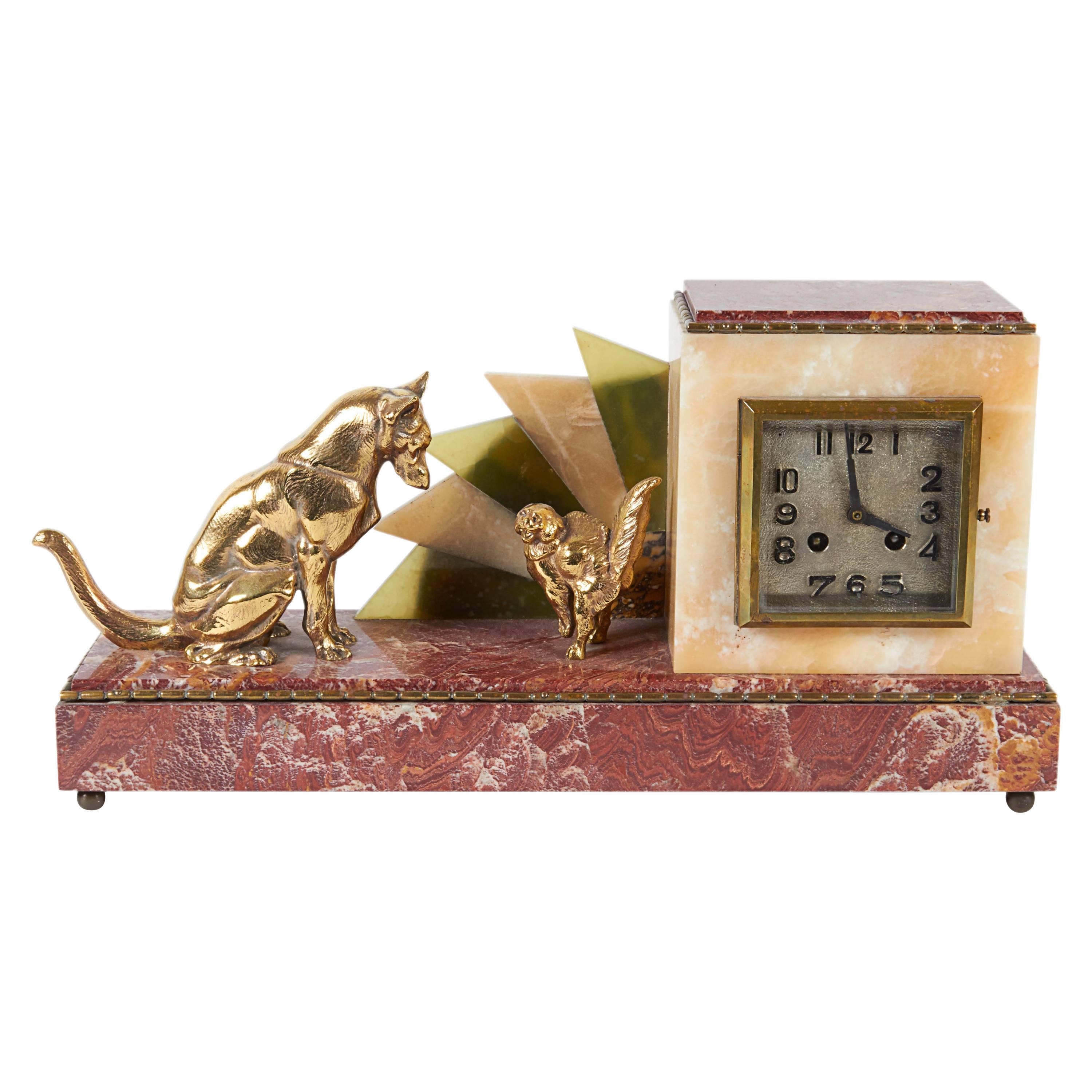 Art Deco Marble Mantel Clock with Cat and Dog