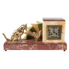 Vintage Art Deco Marble Mantel Clock with Cat and Dog