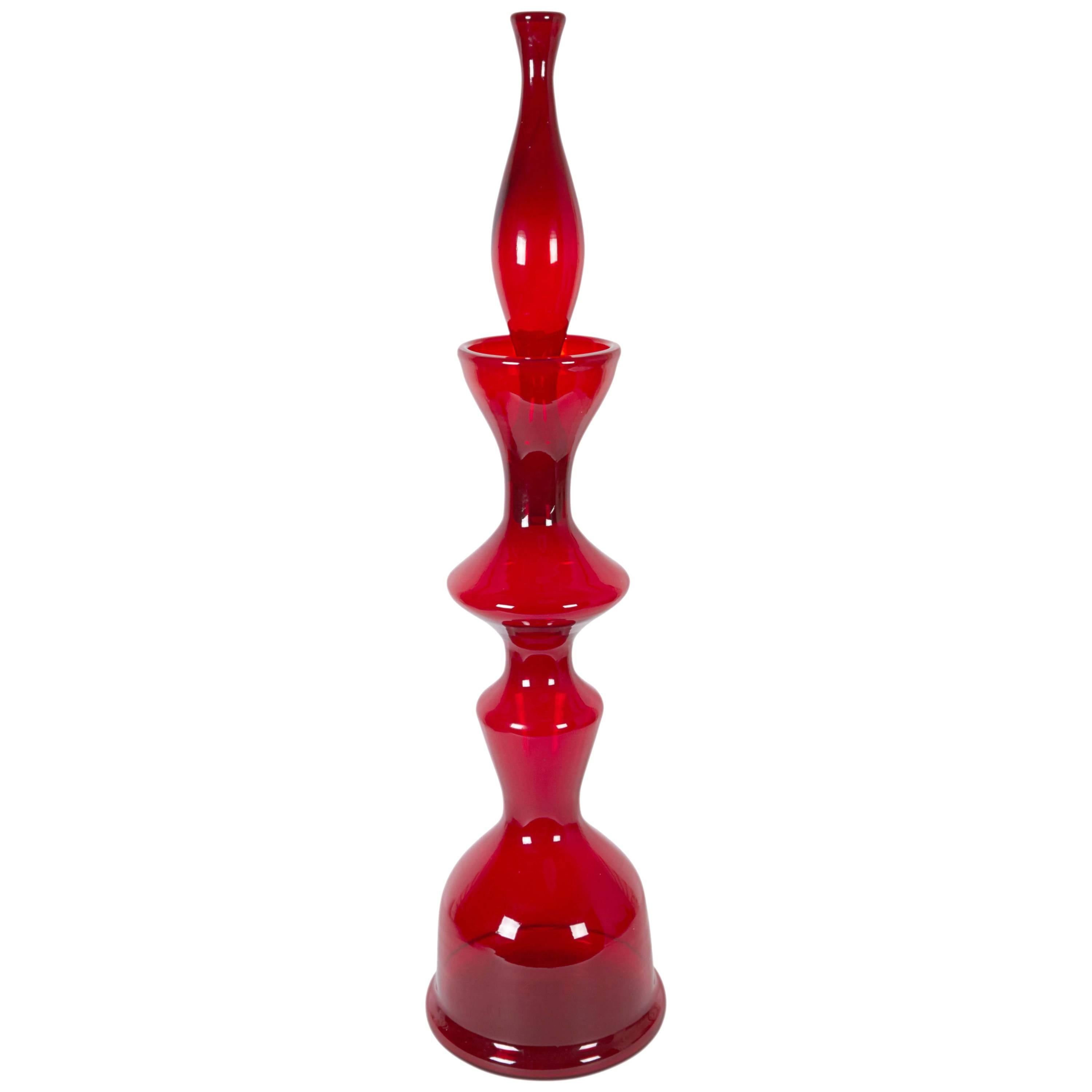 Blenko 'Chess Piece' Decanter Ruby Red Blown Glass by Wayne Husted