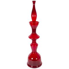 Blenko 'Chess Piece' Decanter Ruby Red Blown Glass by Wayne Husted