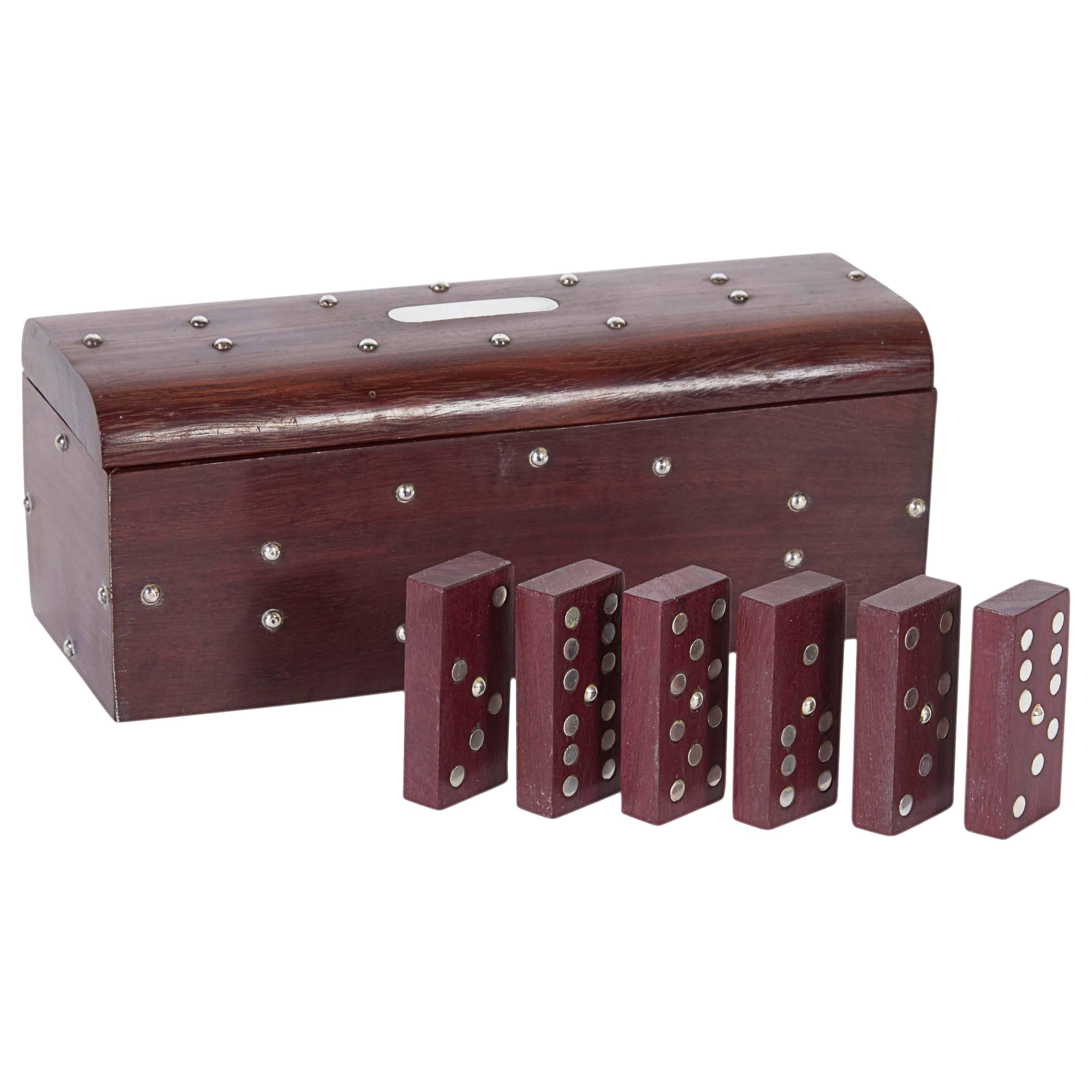 Mexican Rosewood and Sterling Silver Dominoes Set with Matching Box
