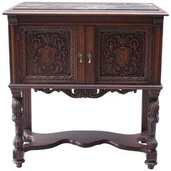 Antique 1920s Carved Walnut Side Cabinet with Marble Top