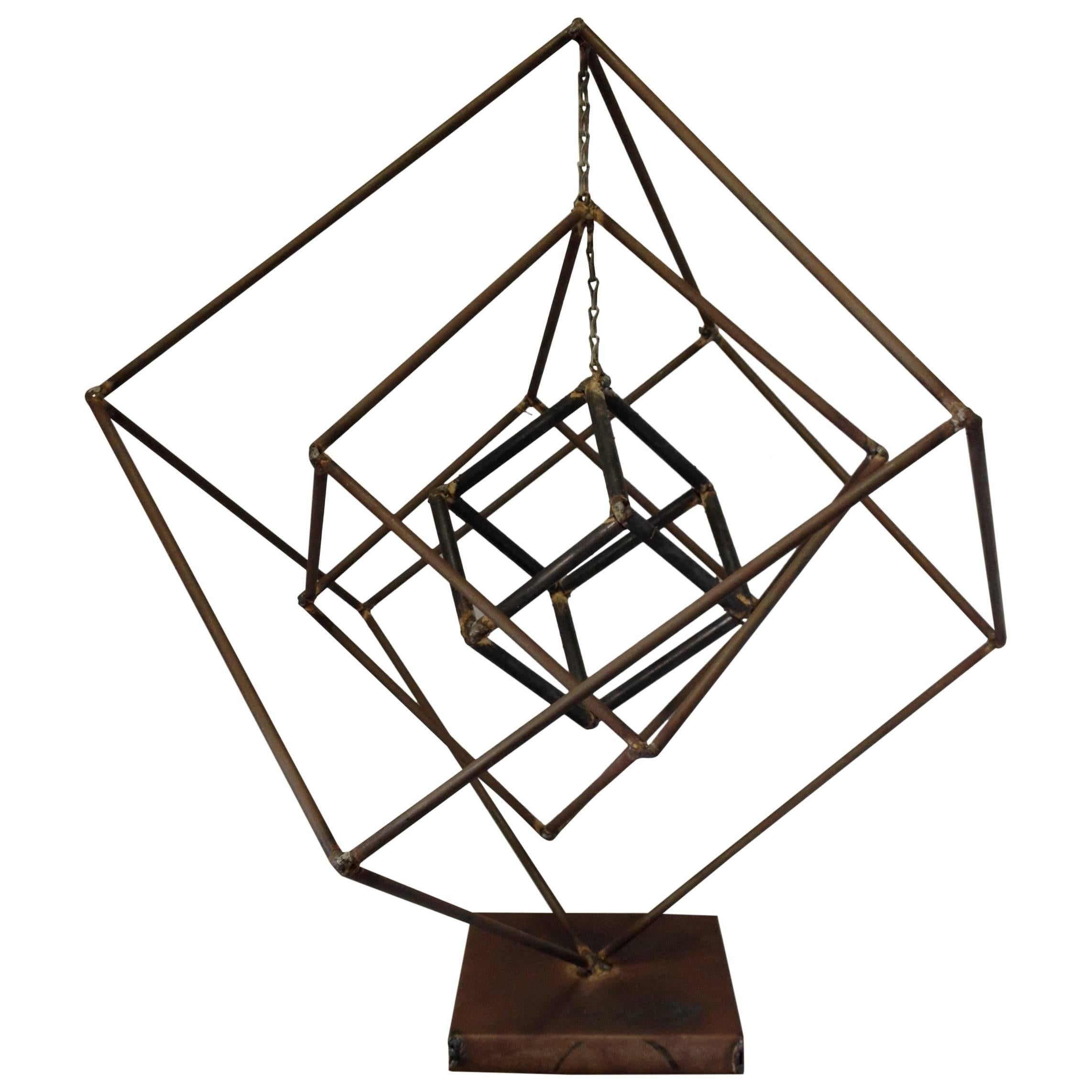 Brutalist Iron Cube Sculpture by Frank Cota For Sale