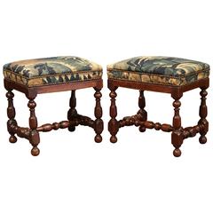 Pair of 18th Century French Louis XIII Stools with Original Aubusson Tapestry Pair of 18th Century French Louis XIII Stools with Original Aubusson Tapestry