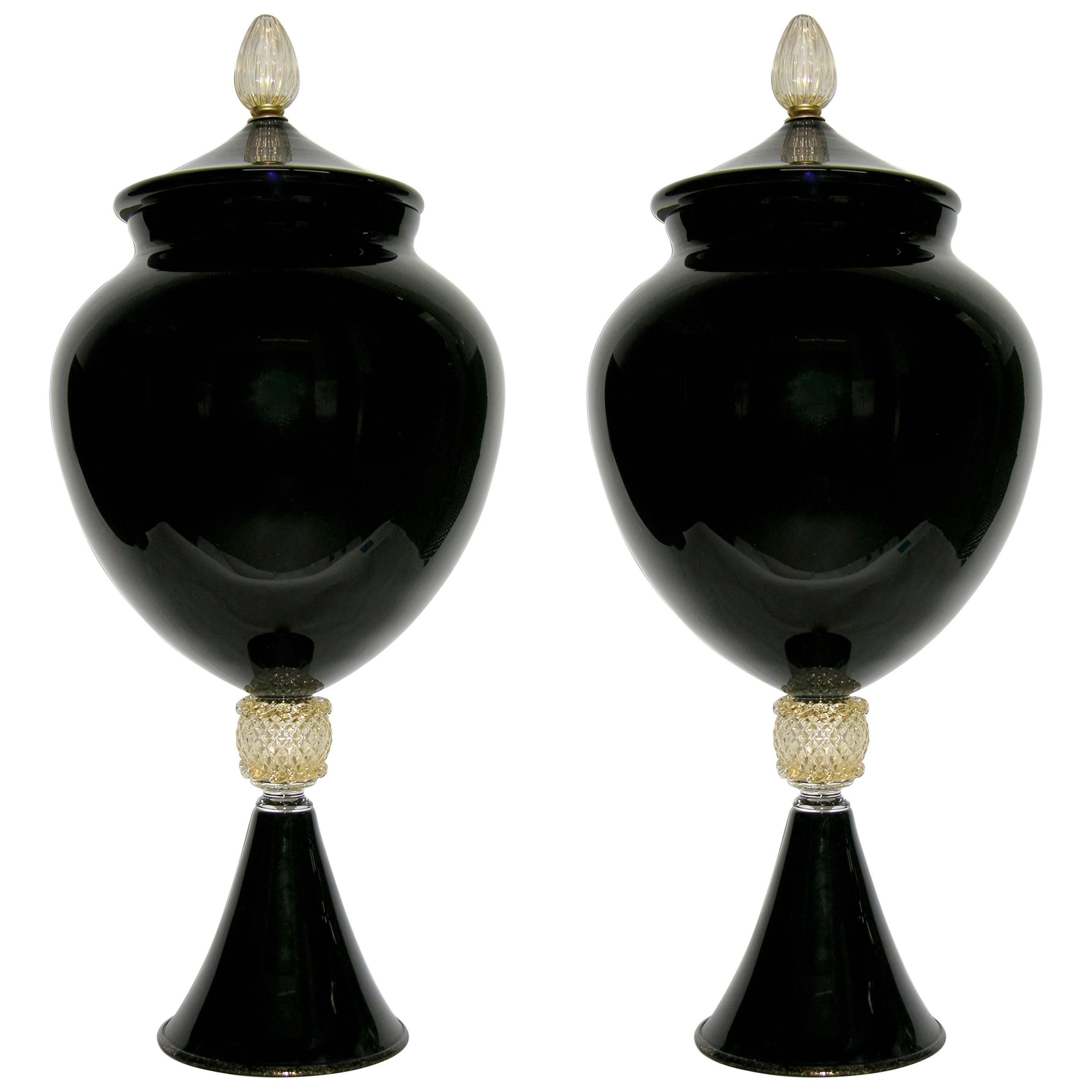 1980 Italian Pair of Tall Black and Gold Glass Vases / Urns Attributed to Venini