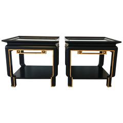 Ming Style Black and Gold Lacquered Two Tiered Side Tables, Pair Ming Style Black and Gold Lacquered Two Tiered Side Tables, Pair