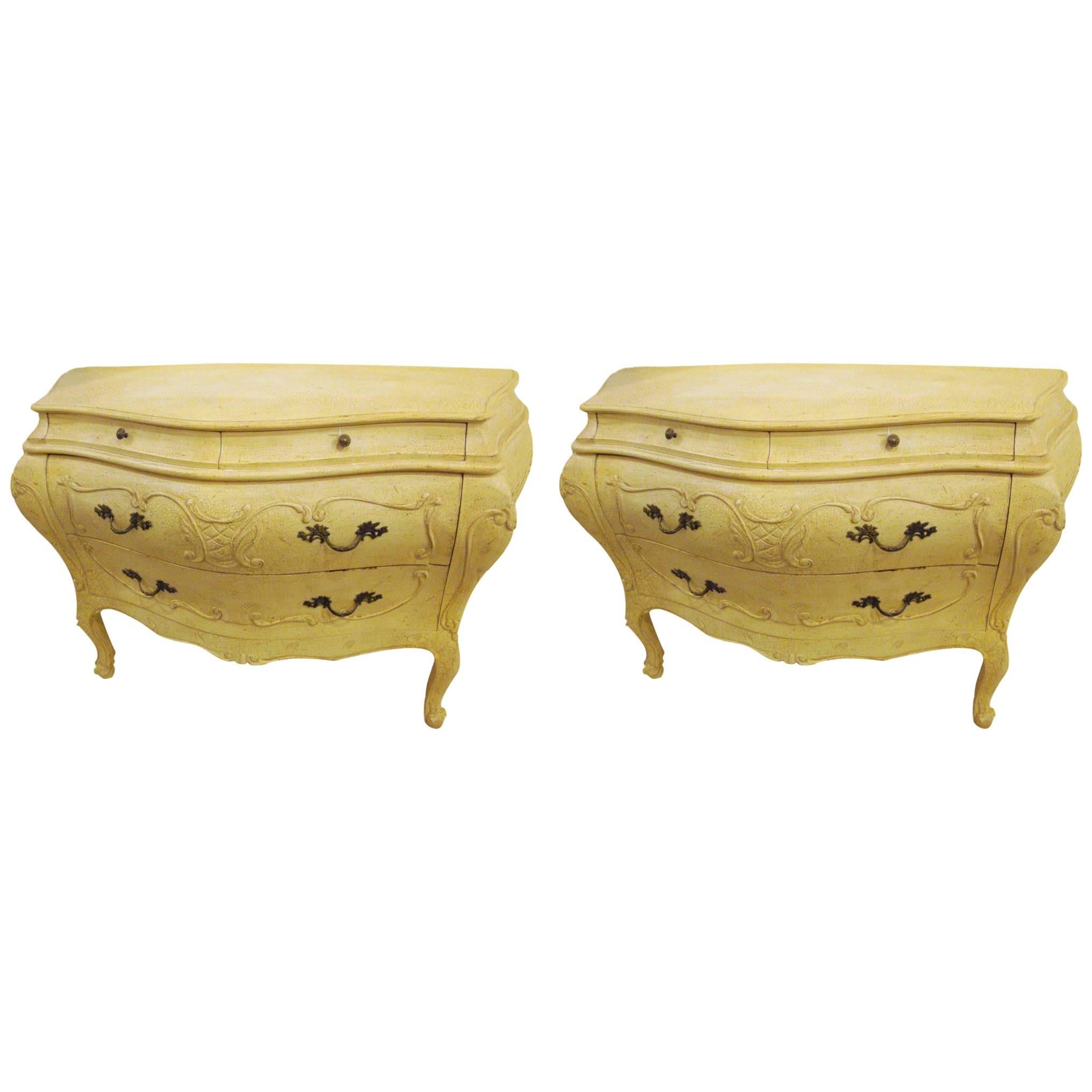 Pair of Louis XV Style Bombe Crackle Finish Commodes or Nightstands
