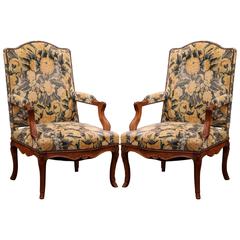 Large Pair of 18th Century French Carved Walnut Regence Armchairs with Velvet
