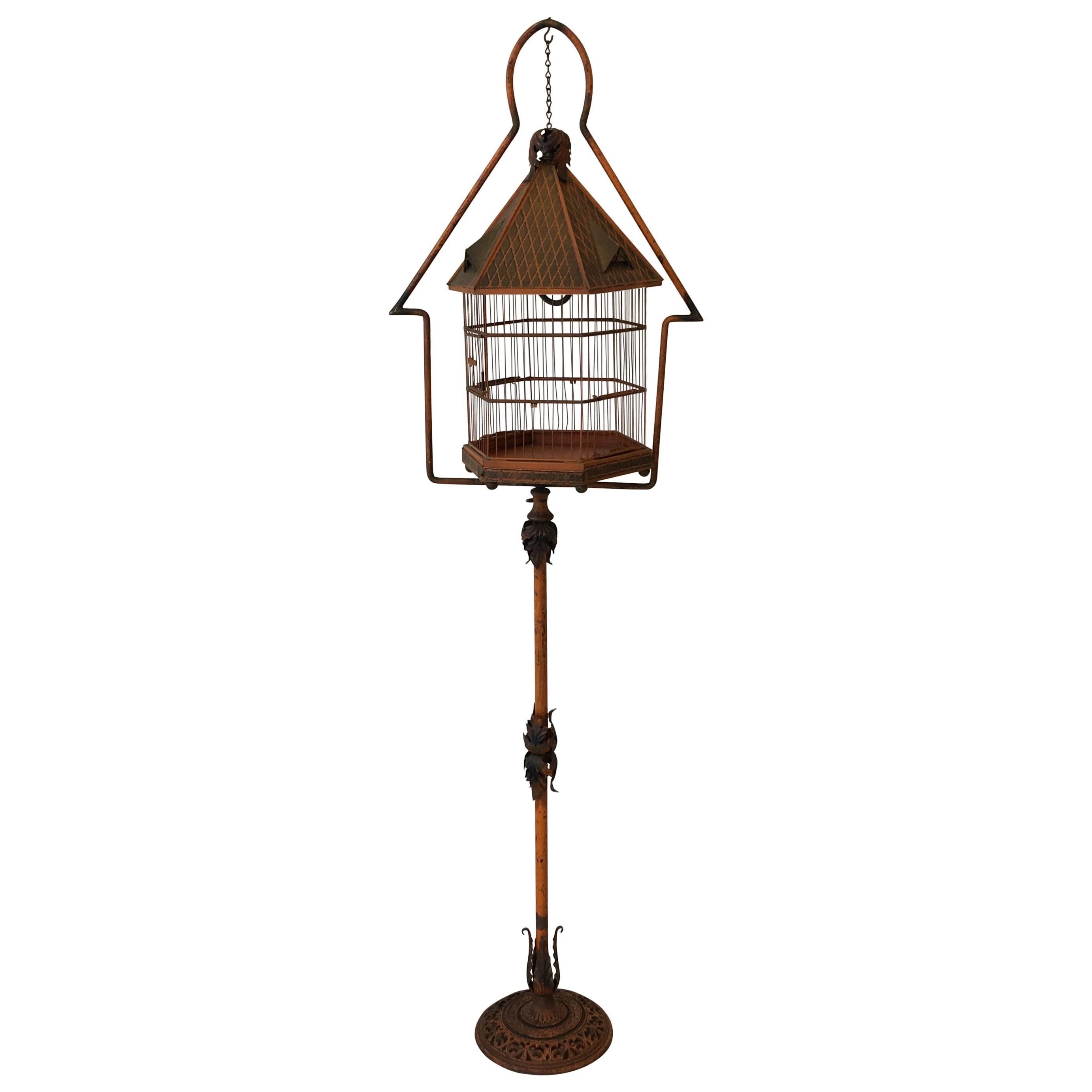 19th Century PNF Orange Tole Birdcage and Stand