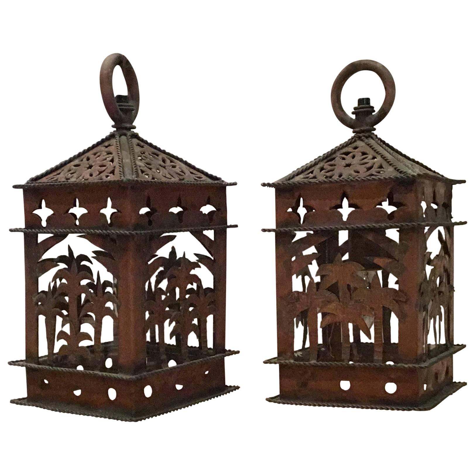 Pair of Vintage Hanging Copper Lanterns