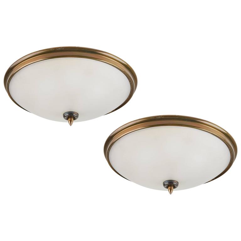 Pair of Brass and Glass Italian Flush Mount Ceiling Lights at 1stDibs
