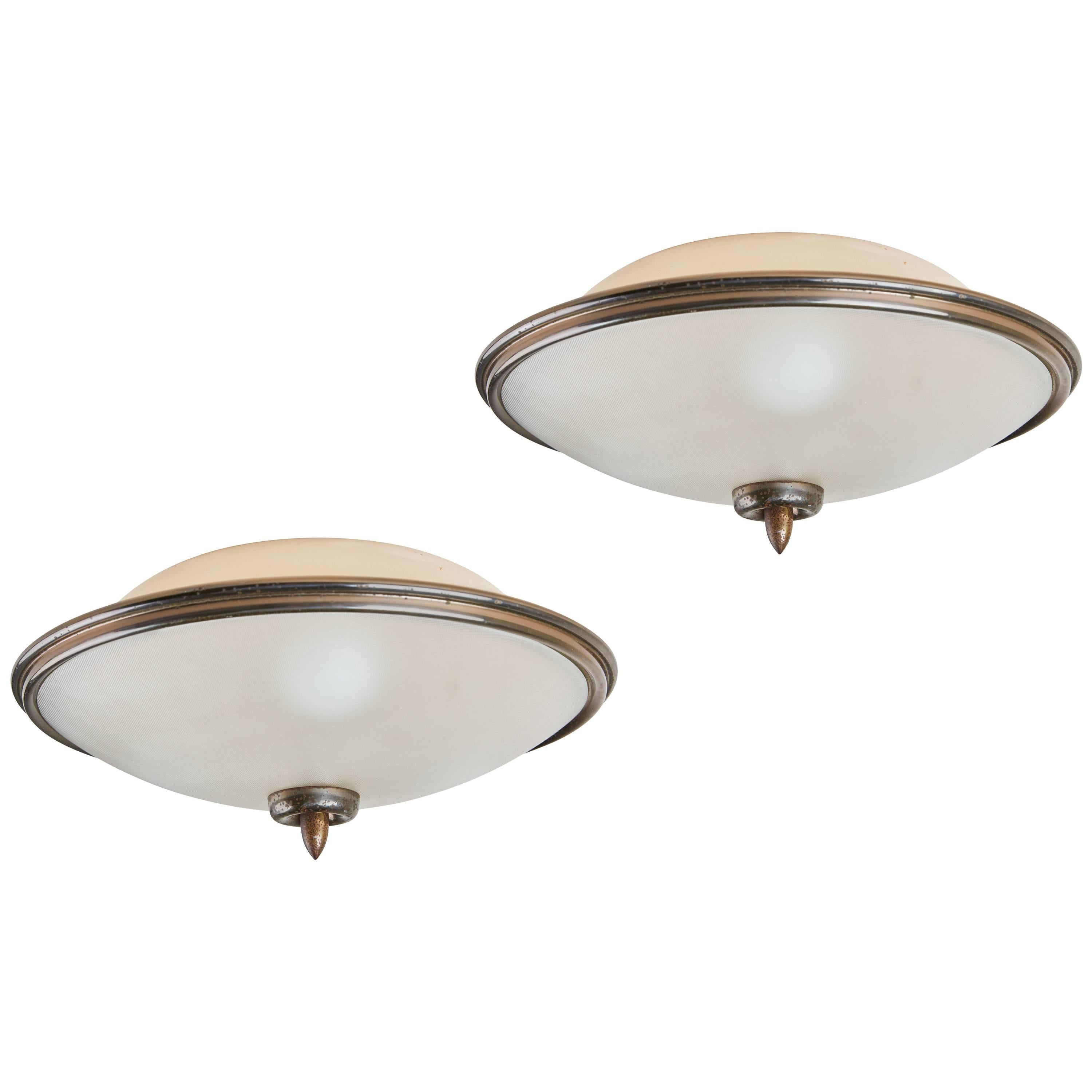 Pair of Brass and Glass Italian Flush mount Ceiling Lights
