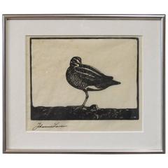 Antique Woodcut on Japanese Paper of a Snipe, Johannes Larsen