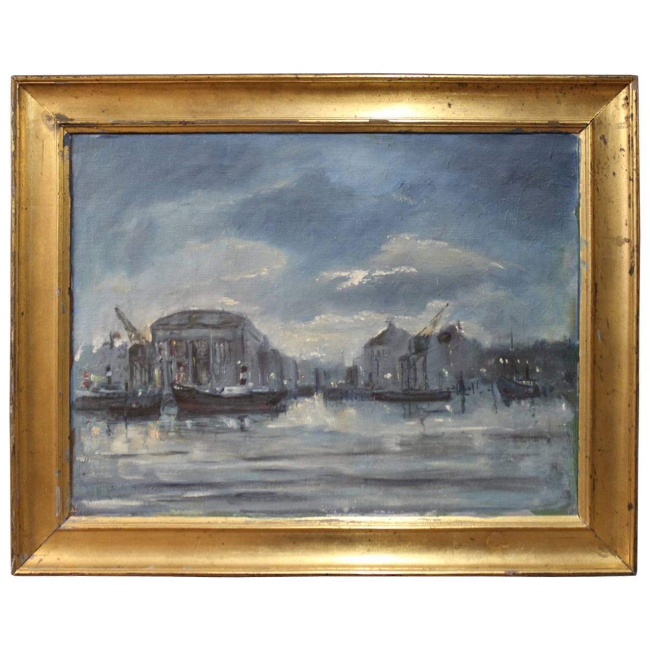 Oil Painting of Harbour Motif by Lis Bjergsted, 1929